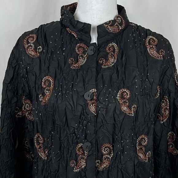DB Spirt Crinkle Black Beaded Embroidered Party Event Jacket Vintage Size L - Picture 3 of 13